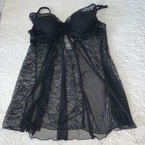 Frederick's of Hollywood Black Lace Mesh Babydoll Witchy Padded Top Sz L Nightie
